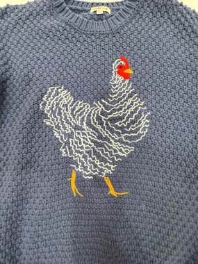 Molly Yeh Chicken Embroidered Blue Knit Crewneck Sweater